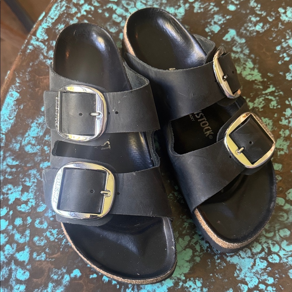 Birkenstock Black Sandals with large Metallic Buckles